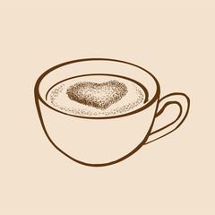 Hand drawn sketch cup of tea or coffe with heart. Vector illustration.