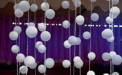 Full Frame Background of Hanging White Decorative Balls