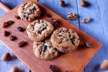 Raisin, chocolate and nuts cookies