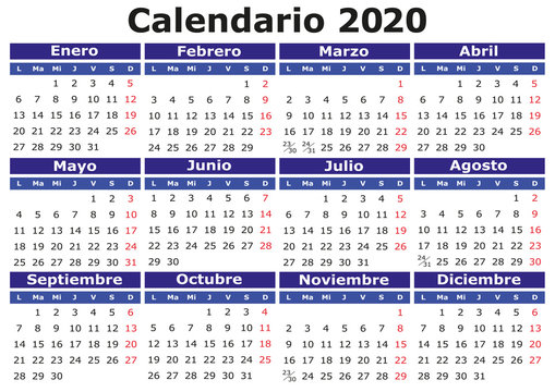 Spanish Calendar 2020 horizontal