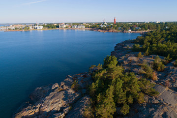 Fototapeta na wymiar Panorama of the city of Hanko on a sunny July morning (shooting from a quadrocopter). Southern Finland