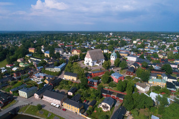 Fototapeta na wymiar View of the medieval Lutheran cathedral in old Porvoo on a sunny July day (shooting from a quadrocopter). Finland
