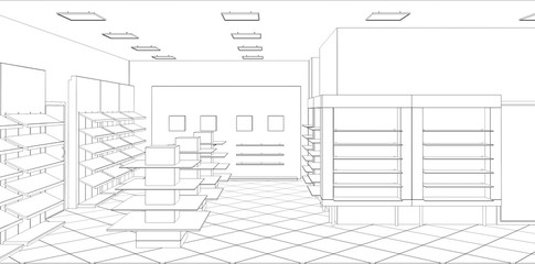 shop, mall, shopping mall, contour visualization, 3D illustration, sketch, outline