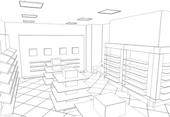 shop, mall, shopping mall, contour visualization, 3D illustration, sketch, outline