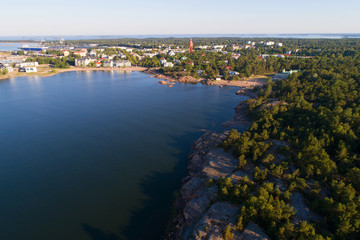 Fototapeta premium A view from the height of the city of Hanko on a warm July morning (shooting from a quadcopter). Southern Finland
