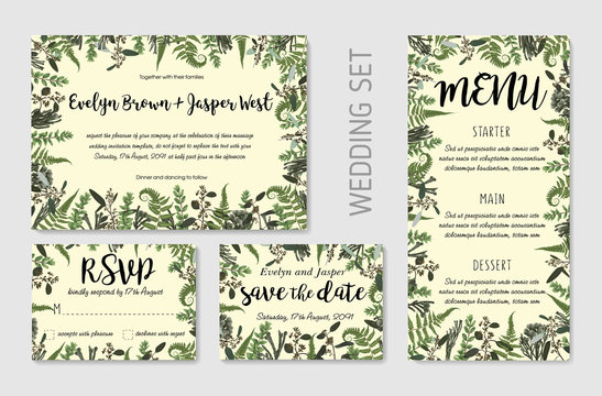 Wedding Invitation, floral invite, thank you, rsvp card design. Eucalyptus, forest fern, herbs, eucalyptus, branches boxwood, buxus, brunia, botanical green, decorative frame print. Vector elegant