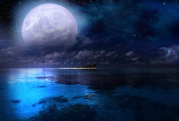 Naklejka na ściany i meble Full moon over the sea and starry sky