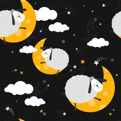 Fototapete Schlafende Tiere Schlafende Schafe, handgezeichneter Hintergrund. Buntes nahtloses Muster mit Tieren, Mond, Sternen. Dekorative süße Tapete, gut zum Drucken. Überlappender farbiger Hintergrundvektor. Designillustration