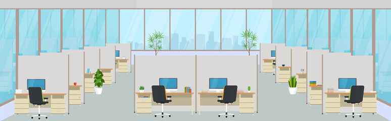 Modern office center with workplaces. Empty workspace for co-working, design business room with large windows, furniture in the interior, desktops and chairs, computer equipment.