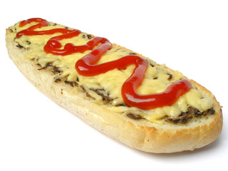 Baguette with champignons, cheese and ketchup isolated on white with clipping path - obrazy, fototapety, plakaty