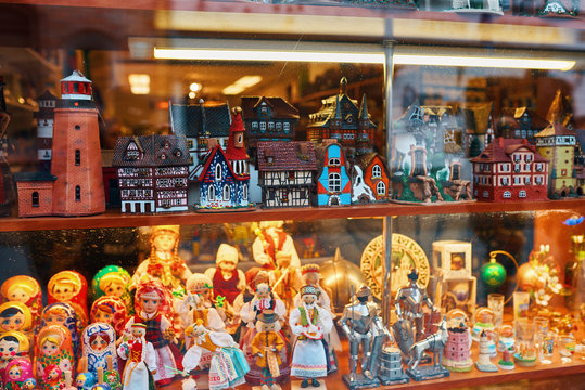 Multicolored souvenirs in the shop window