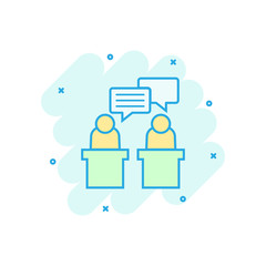 Politic debate icon in comic style. Presidential debates vector cartoon illustration pictogram. Businessman discussion business concept splash effect.