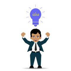 Businessman with an idea concept. Man standing next to light bulb as symbol of great business idea.