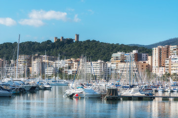 View of the marine port and Bellver castle in Palma de Majorca, Balearic islands, Spain