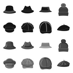 Vector design of headgear and cap symbol. Set of headgear and accessory vector icon for stock.