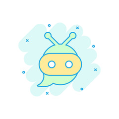 Cute robot chatbot icon in comic style. Bot operator vector cartoon illustration pictogram. Smart chatbot character business concept splash effect.