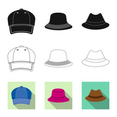 Vector design of headgear and cap symbol. Set of headgear and accessory stock vector illustration.