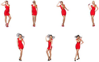 Beautiful woman in red dress isolated on white 