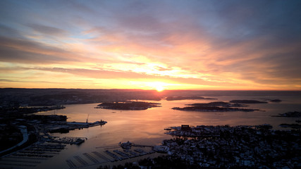 Aerial sunset view over Oslo fjord in Norway