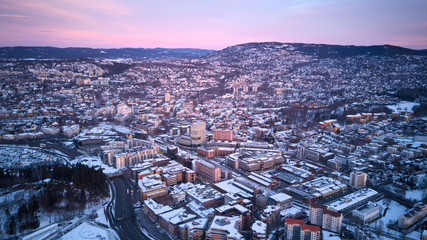 Aerial sunset view on Skoyen urban area in Oslo, Norway