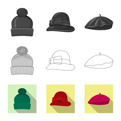 Vector design of headgear and cap logo. Collection of headgear and accessory vector icon for stock.