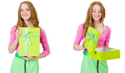 Beautiful woman in green skirt with giftbox 