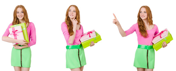 Beautiful woman in green skirt with giftbox 