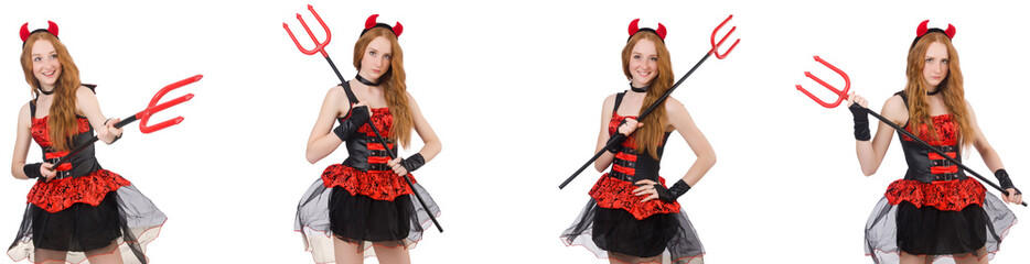 Woman devil with trident on white