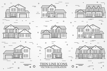 Set of vector thin line icon suburban american houses. For web