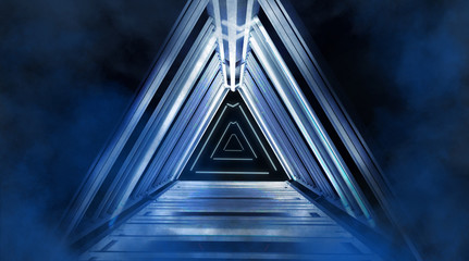 Neon pyramid, light triangle, in empty dark outer space with neon light, two, smog, searchlight rays. Blue abstract background with metal construction illuminated by a LED lamp. 3D Rendering