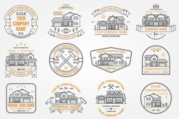 Set of House construction company identity with suburban american house. Vector illustration. Thin line badge, sign for real estate, building and construction company related business.