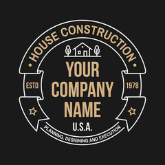 Fototapeta na wymiar House construction company identity with suburban american house. Vector illustration. Thin line badge, sign for real estate, building and construction company related business.