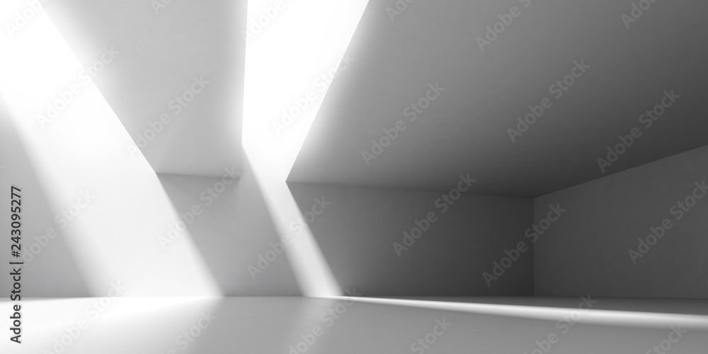 Poster 3d stimulate of concrete interior space with sun light cast the shadow on the wall and floor,perspec