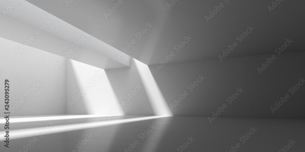 Poster 3D stimulate of concrete interior space with sun light cast the shadow on the wall and floor,Perspective of minimal design architecture,3d rendering	
