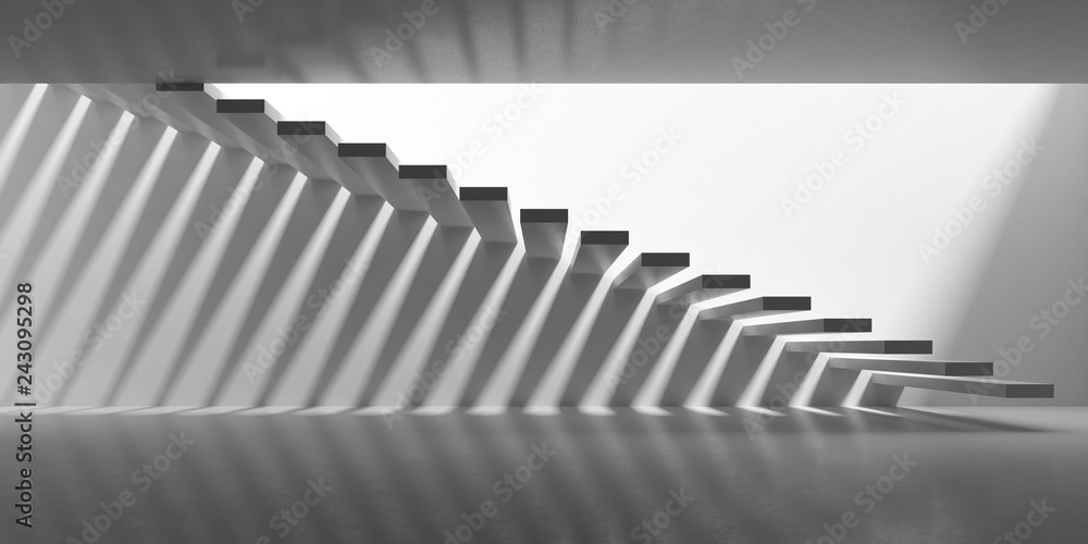 Poster 3d stimulate of concrete interior space with sun light cast the stair shadow on the wall and floor,p