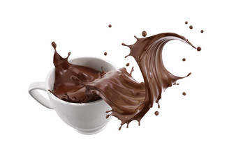 White porcelain Mug cup with liquid chocolate wave splash.