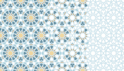 Arabesque seamless vector pattern. Geometric halftone texture with color tile disintegration or breaking