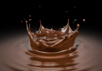 Liquid chocolate crown splash with ripples. On black.