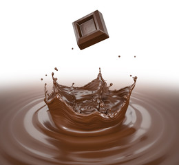 Chocolate cube splashing into a chocolate liquid pool with crown splash.