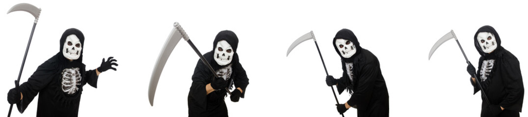 Scary monster with scythe isolated on white 
