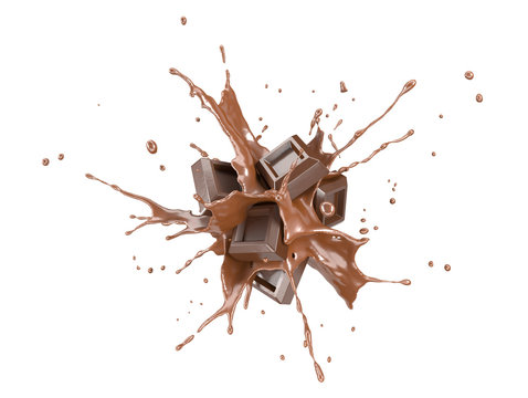 Chocolate blocks splashing into a liquid chocolate splash burst.