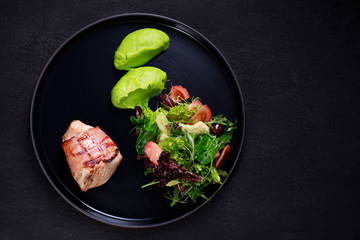 diet food, keto, protein meals, baked turkey meat, salad and broccoli puree, continental breakfast