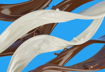 Liquid chocolate and milk waves strips with little splashes. On blue background.