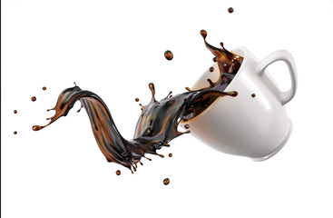 Liquid coffee wave splashing out from a white cup mug. - obrazy, fototapety, plakaty