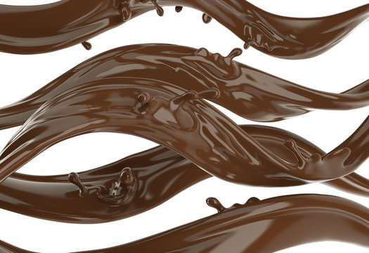 Liquid chocolate waves strips with little splashes. On white background.