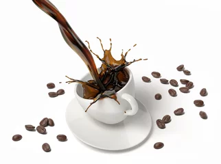 Gordijnen Liquid coffee pour and splash in a white cup on saucer. © matis75