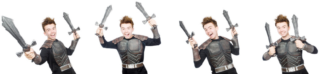 Young funny man in armour suit 