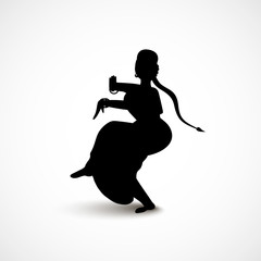 Silhouette of Indian dancing woman dressed in a traditional sari dress isolated on white backgroung