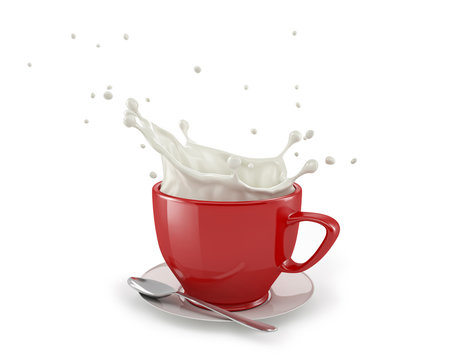 Red cup with milk splash, on white saucer with spoon. On white background.
