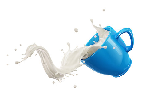 Blue Cup Mug Jumping With Milk Splash.